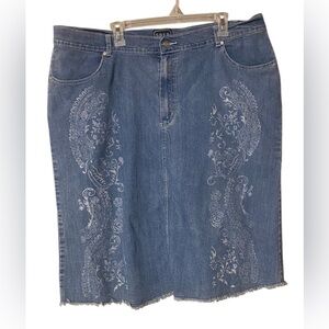 Solo Jeans Skirt Women Plus 22 Blue Denim Raw Hem Pockets Stretch Painted Paisly